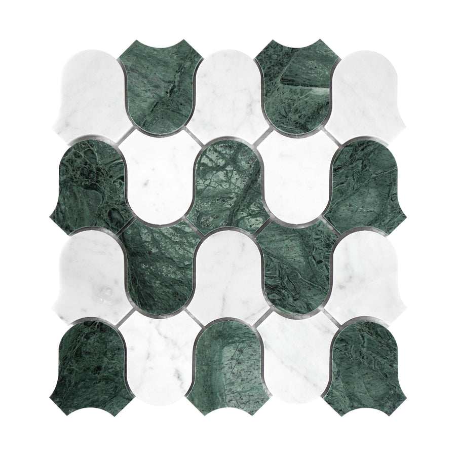 flow pattern marble mosaic tile in Carrara white & Verde