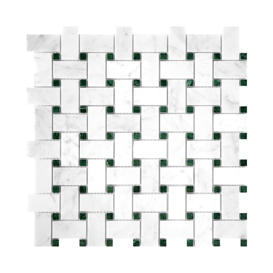 Basketweave pattern mosaic tile of carrara white and green marble on a white background