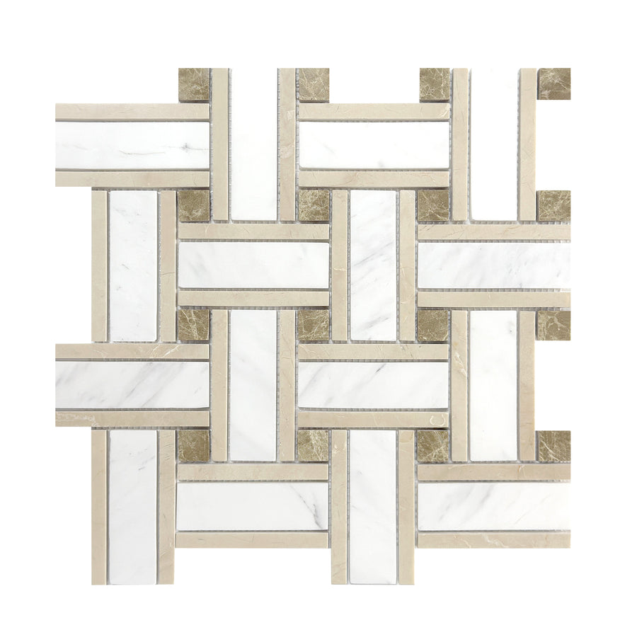 Mosaic pattern of rectangular tiles with a geometric arrangement on a white background