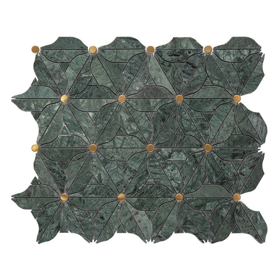 Green marble mosaic tile with gold accents on a white background