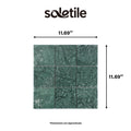Green marble-patterned tiles with dimensions and Soletile branding on a white background