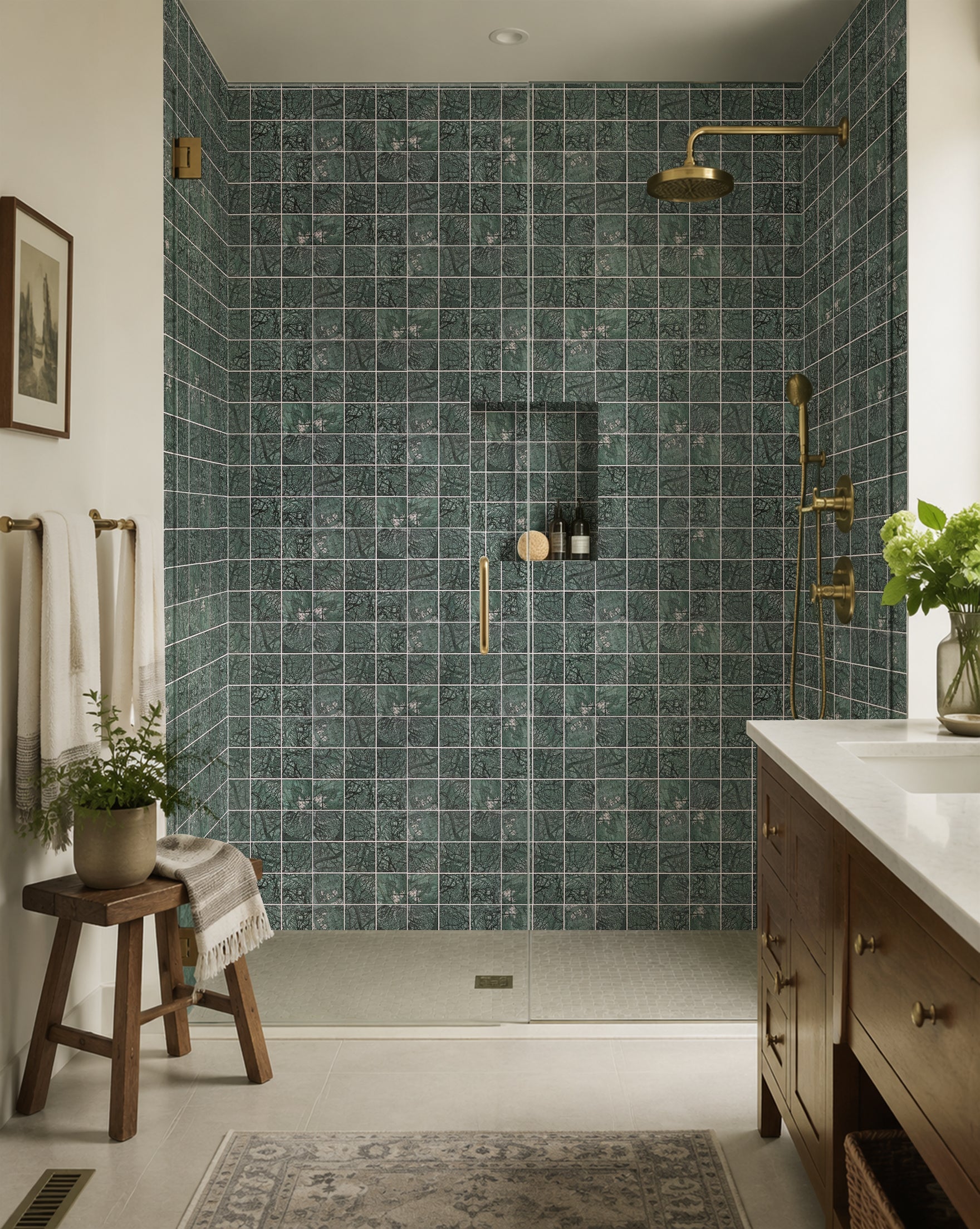 Square Grid Verde Marble Mosaic Tile