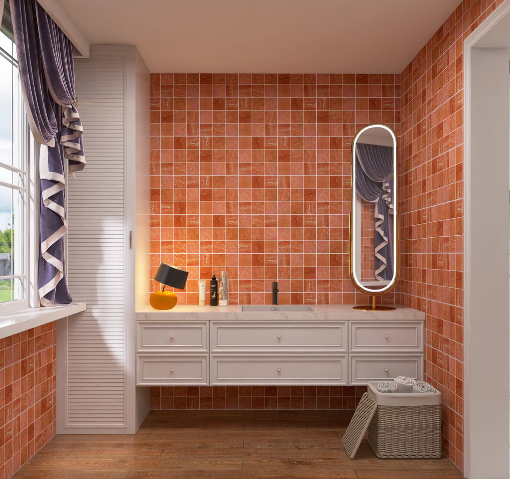 Bathroom with red tiled walls, white vanity, and a window with purple curtains.