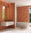 Modern bathroom with red tiled walls, white fixtures, and a large mirror.