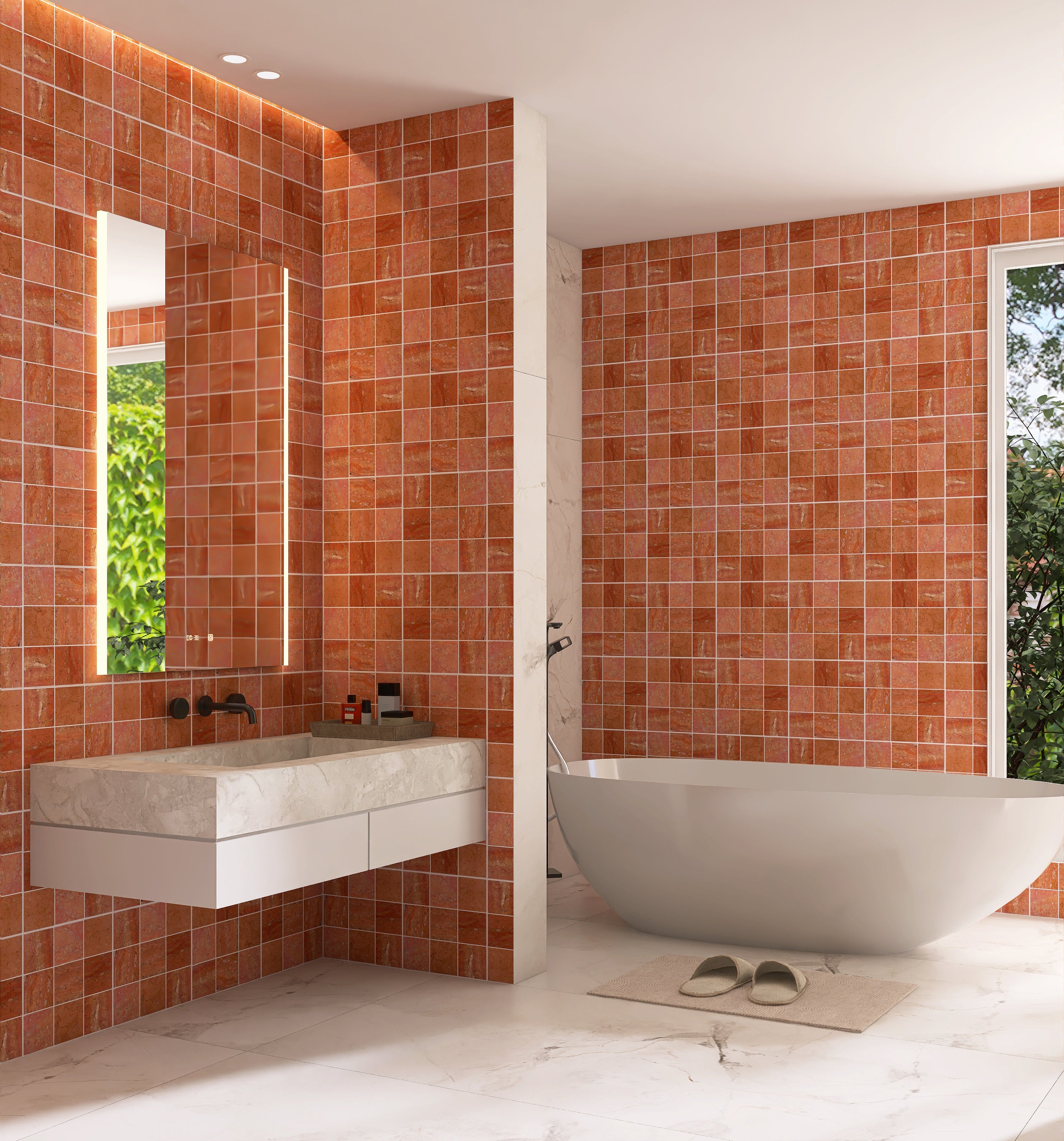 Square Grid Red Travertine