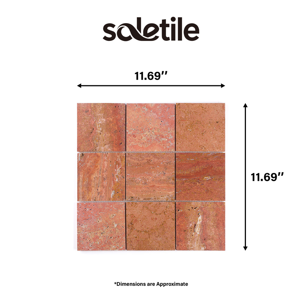 Red travertine tiles with dimensions labeled and 'soletile' branding.