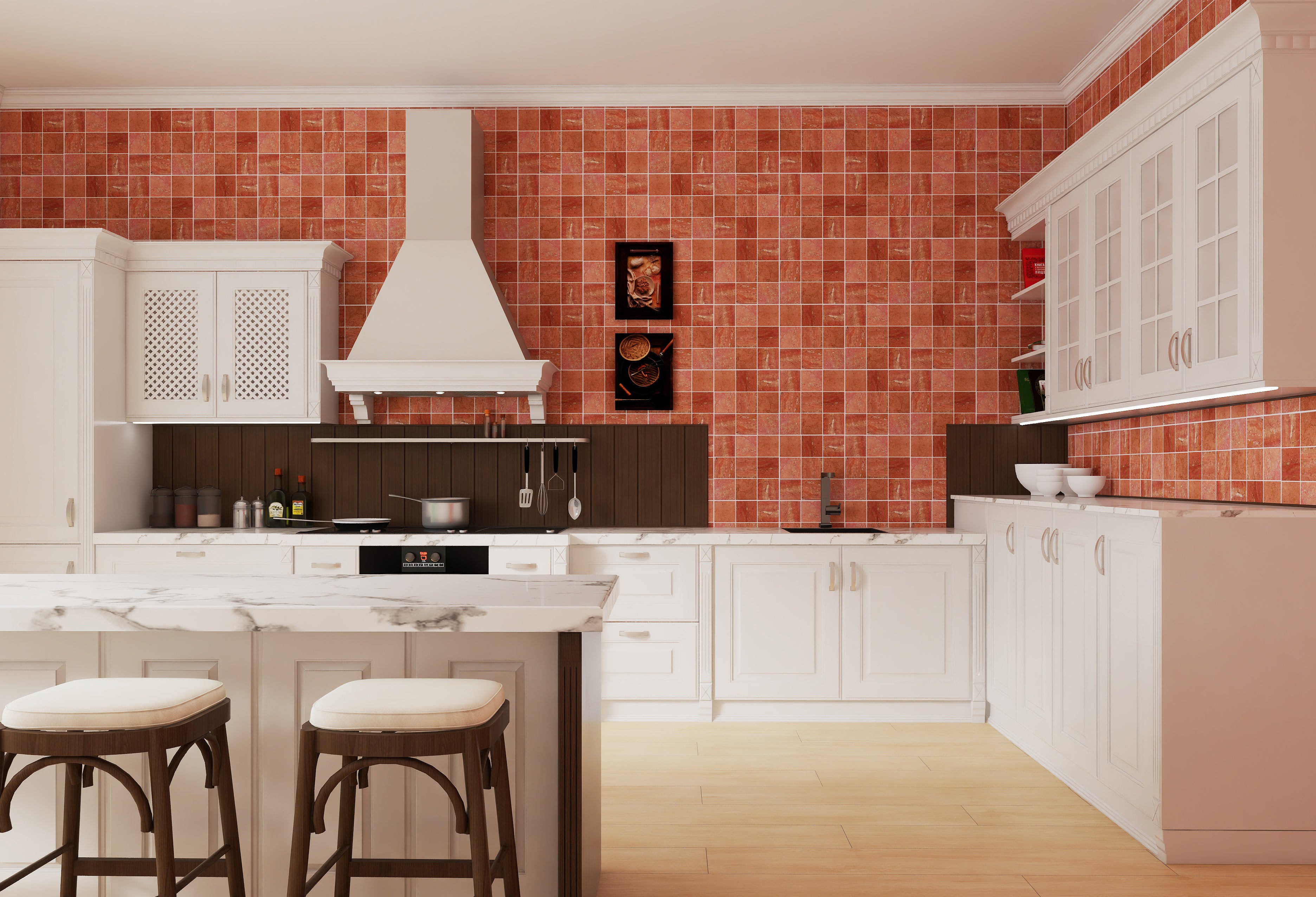 Square Grid Red Travertine