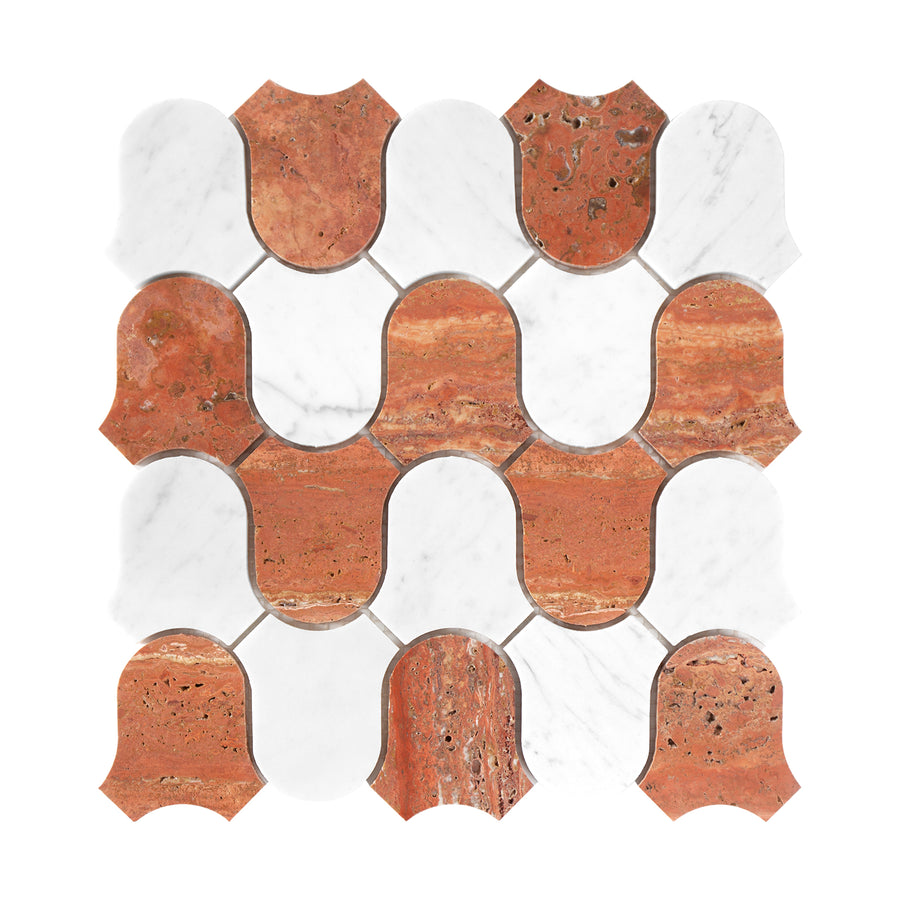 Mosaic pattern of carrara white and red travertine tiles on a white background