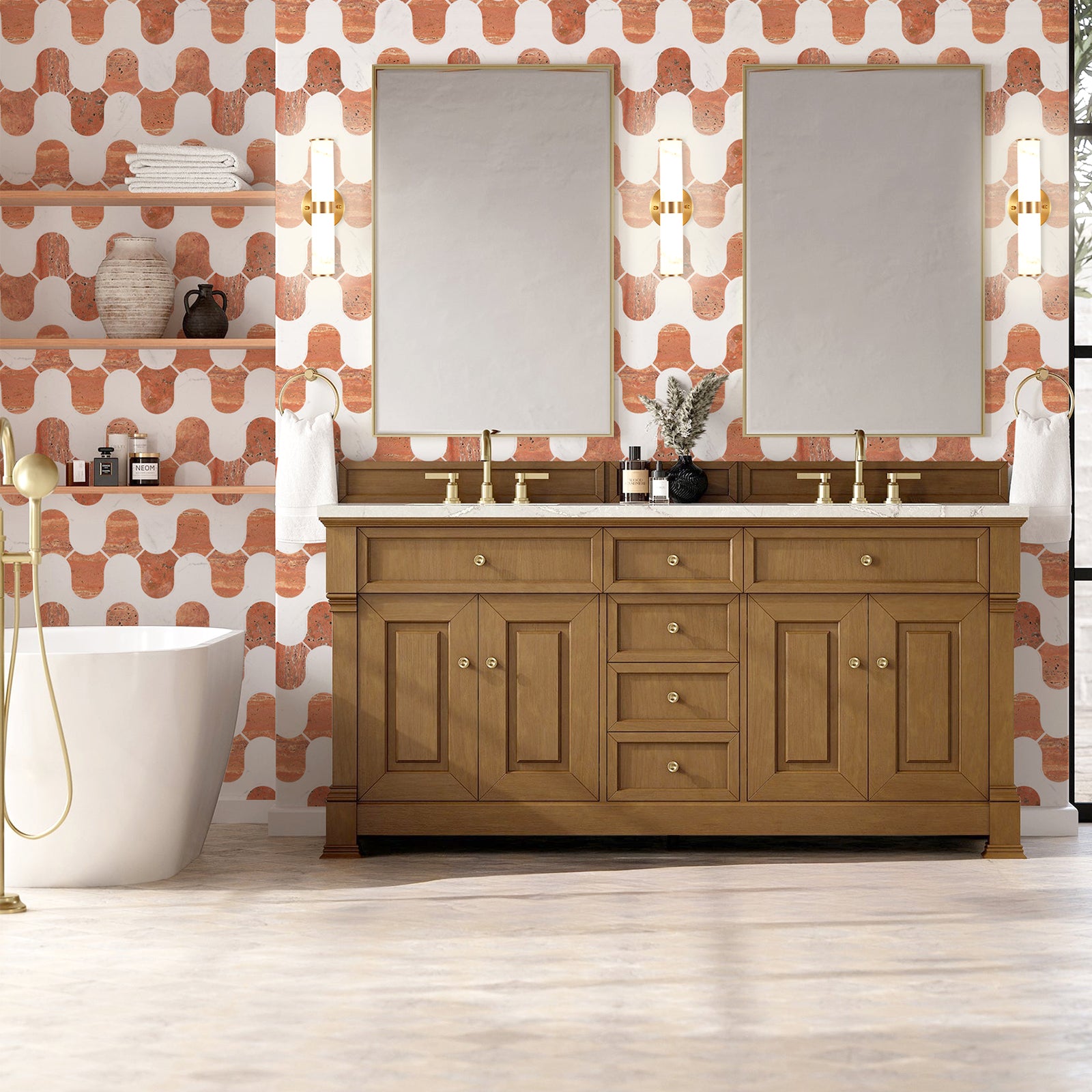 Bathroom with wooden vanity, mirrors, and patterned wallpaper