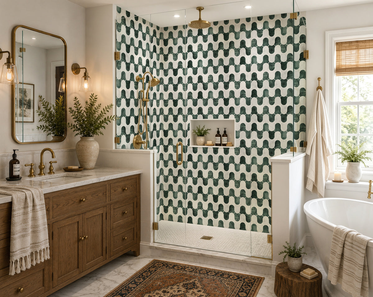 Lily Bell India Green & Carrara White Marble Mosaic Tile