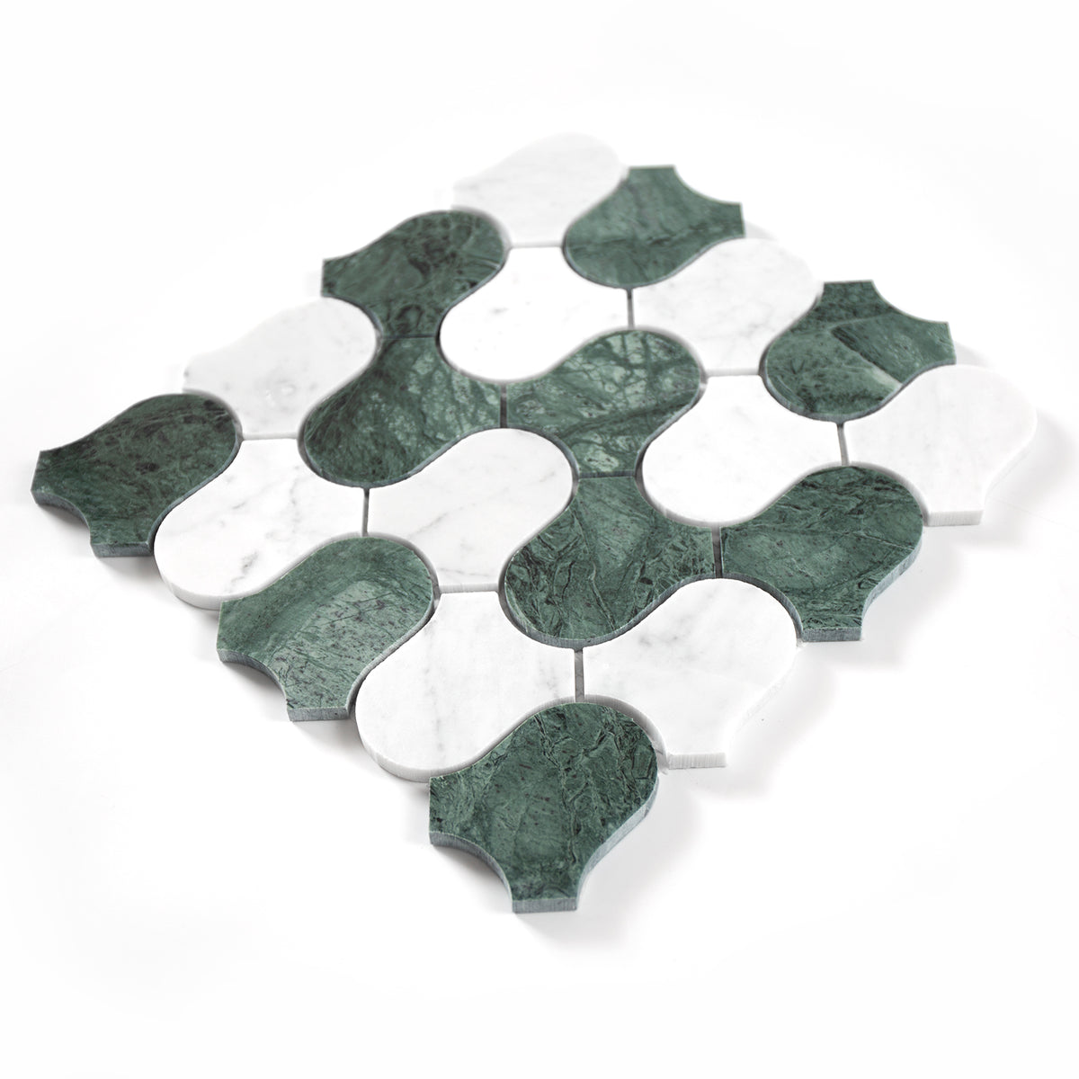 Green and white mosaic tile pattern on a white background