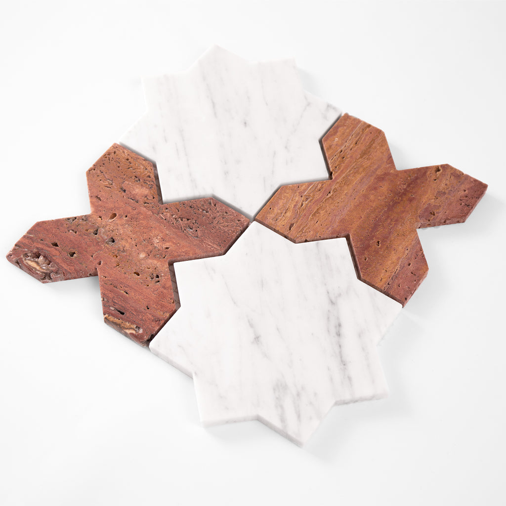 Cross-star pattern mosaic tile in carrara white marble and red travertine