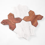 Cross-star pattern mosaic tile in carrara white marble and red travertine