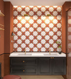 Bathroom with black vanity, white countertop, and patterned wall tiles.