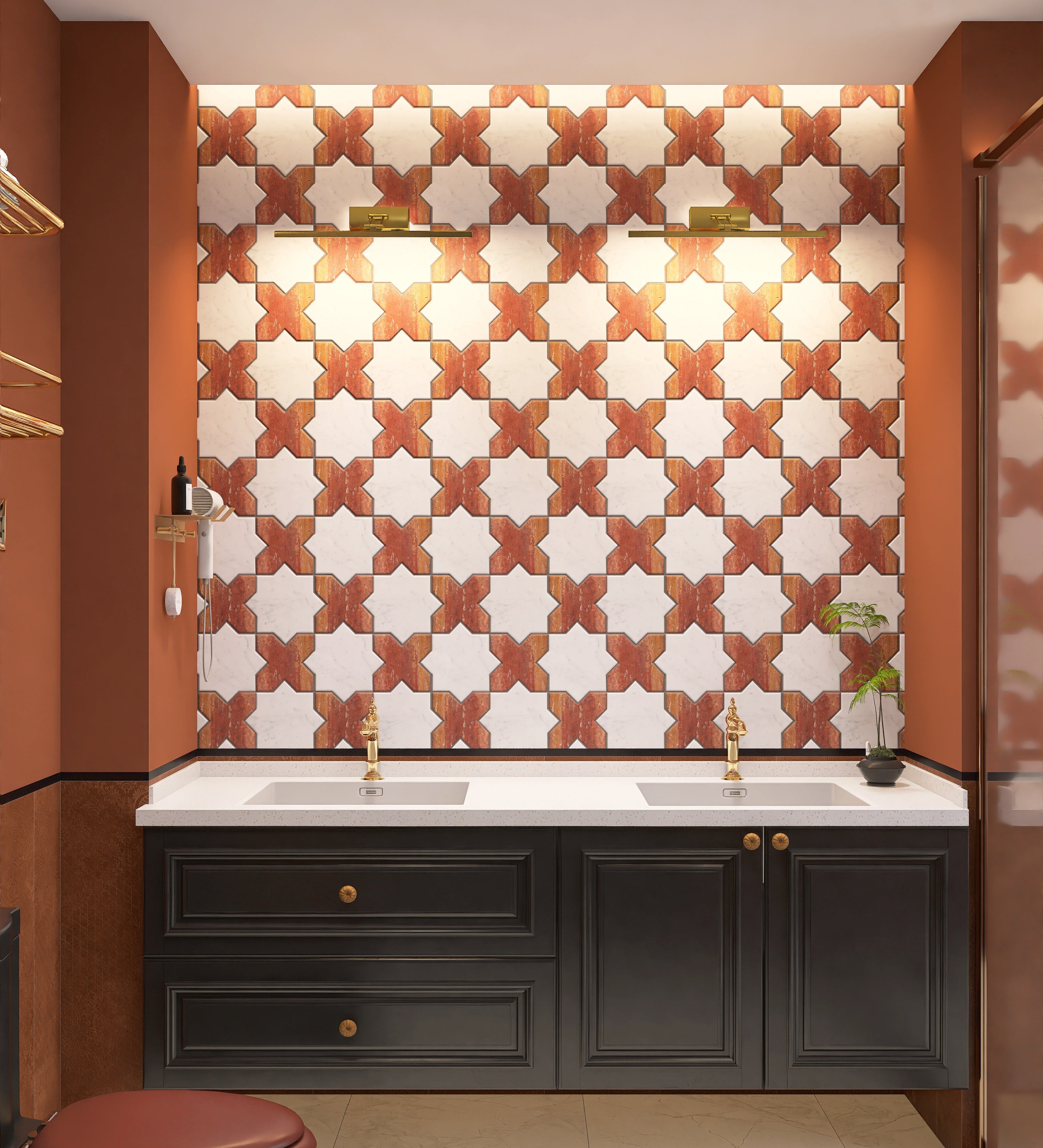 Bathroom with black vanity, white countertop, and patterned wall tiles.