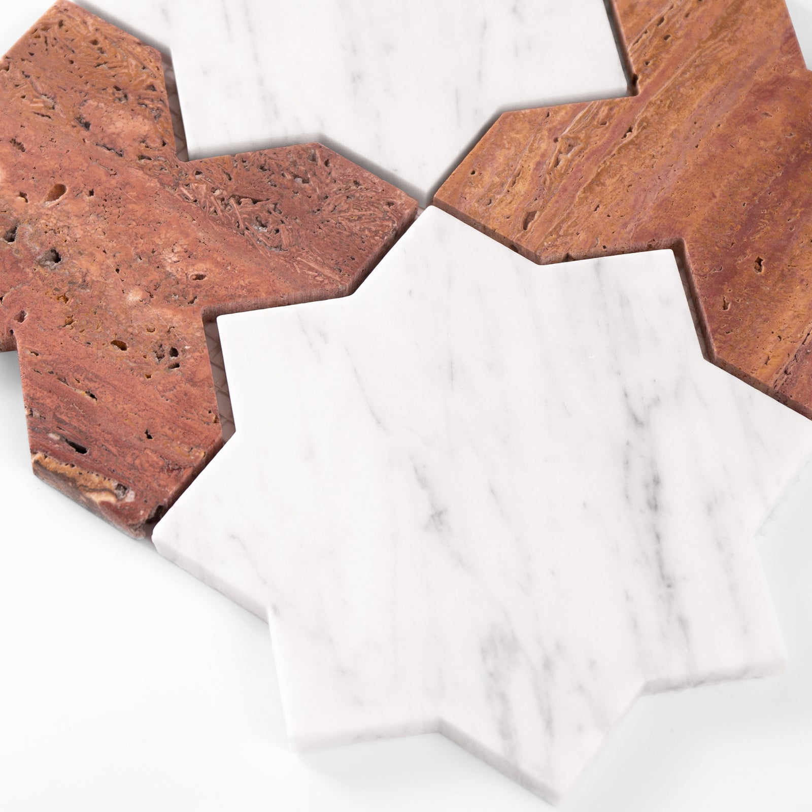 Cross-star pattern mosaic tile in carrara white marble and red travertine