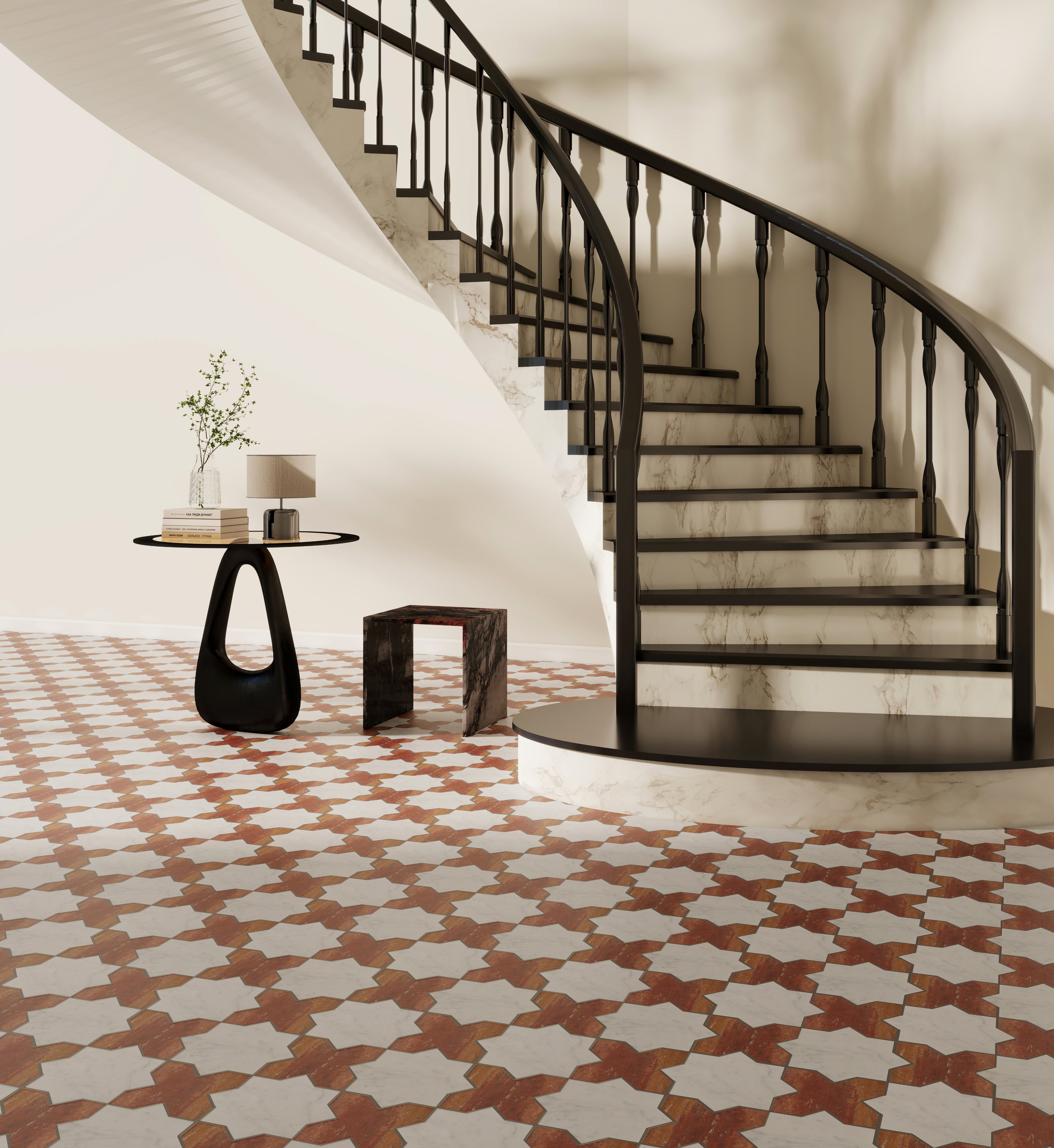 Cross-Star Red Travertine & Carrara White