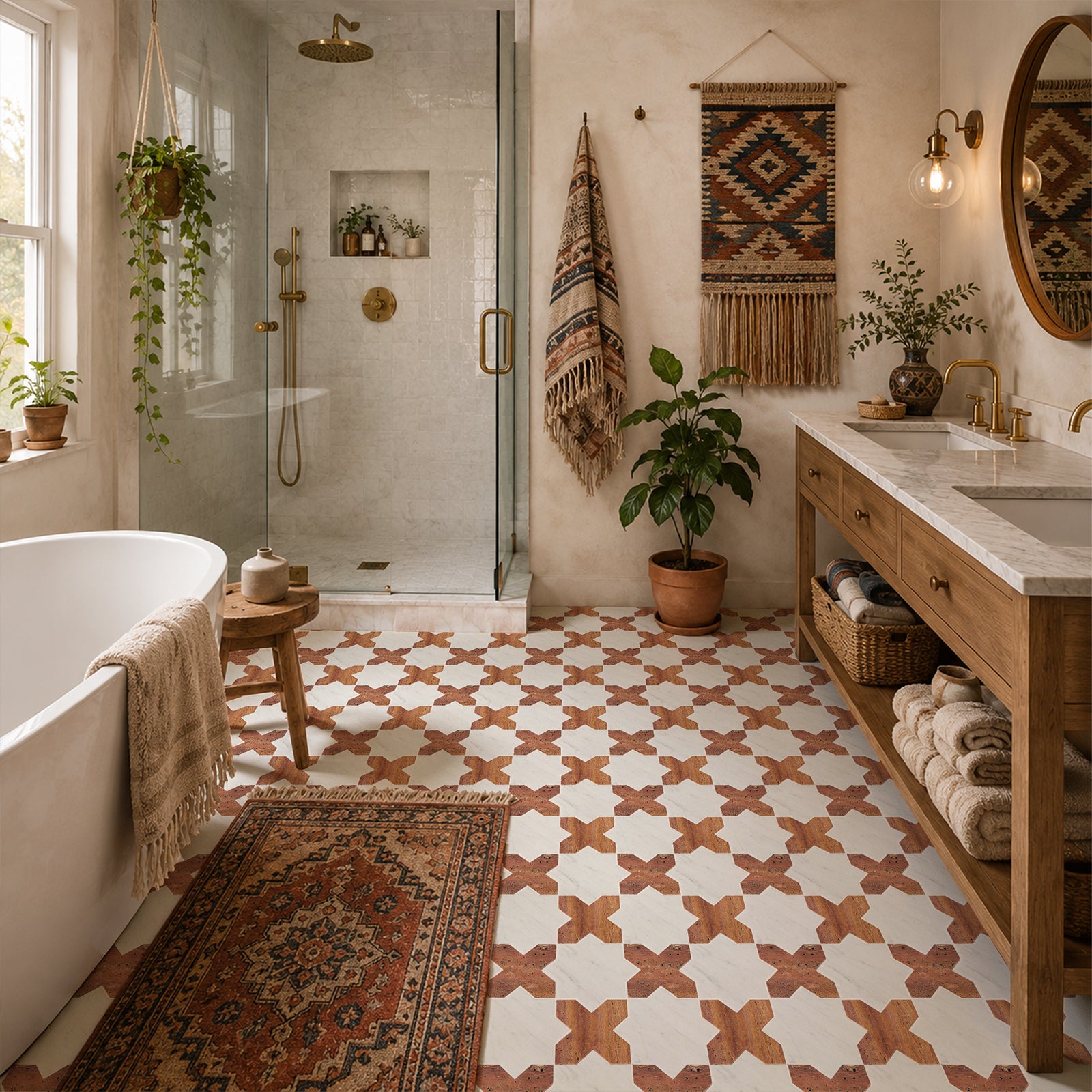 Cross-Star Red Travertine & Carrara White Marble Mosaic Tile