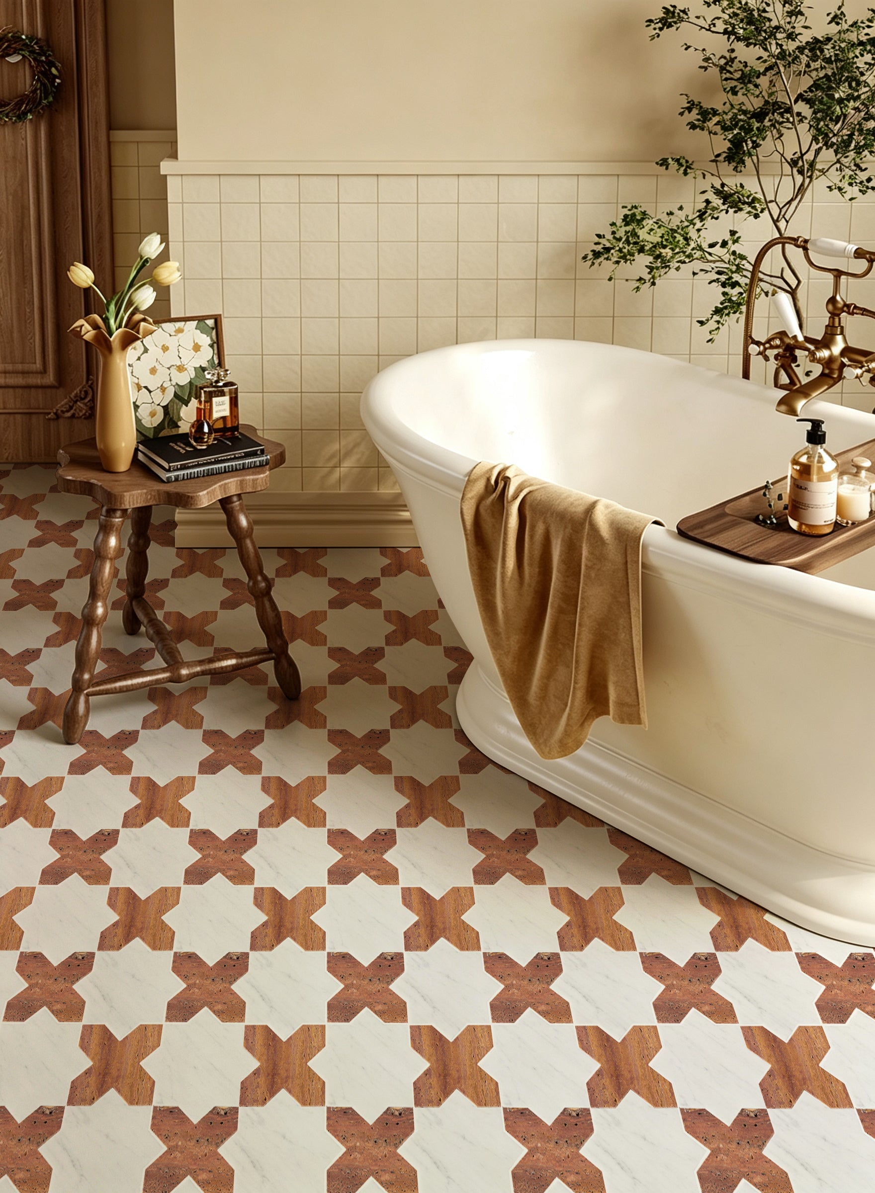 Cross-Star Red Travertine & Carrara White Marble Mosaic Tile
