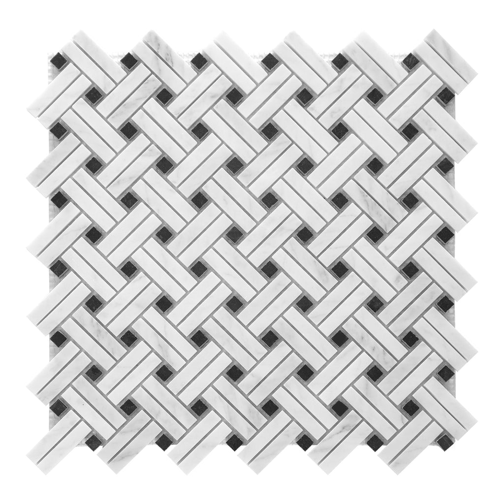 Mosaic pattern of white and black tiles on a white background