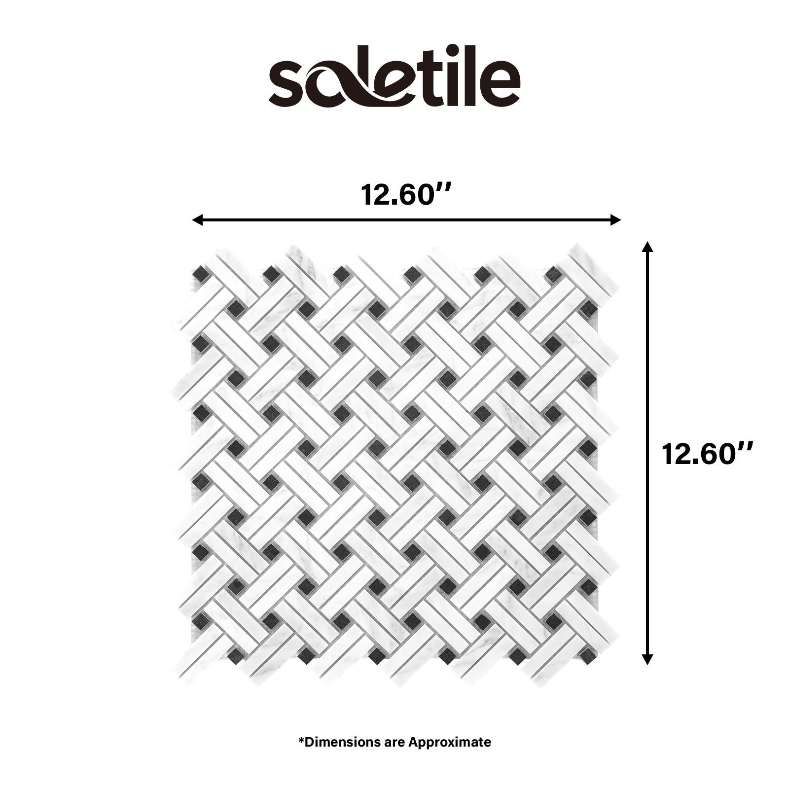 Mosaic tile with dimensions labeled and 'soletile' branding.