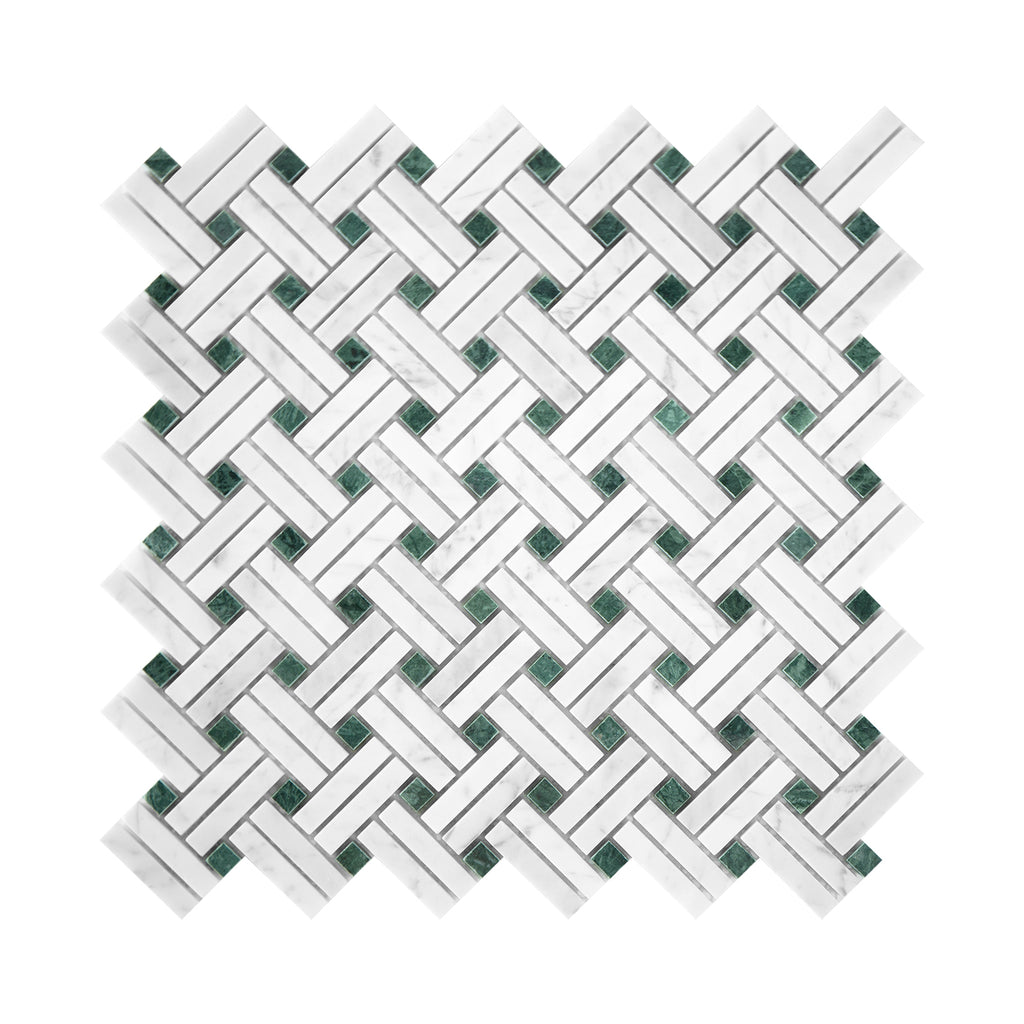 Basketweave pattern mosaic tile of carrara white and green marble on a white background