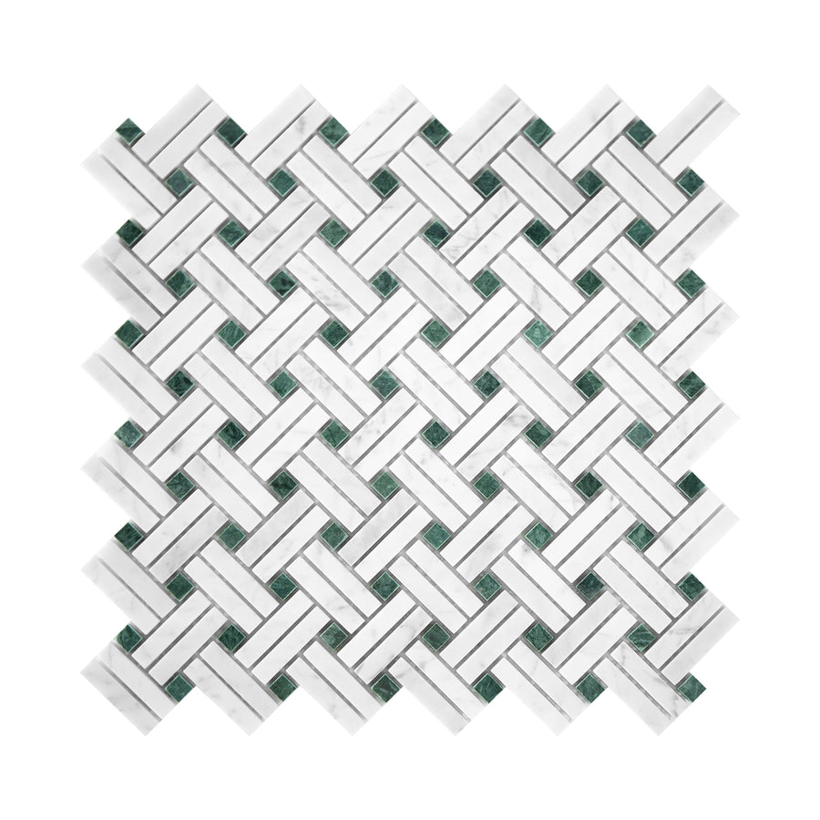 Basketweave pattern mosaic tile of carrara white and green marble on a white background