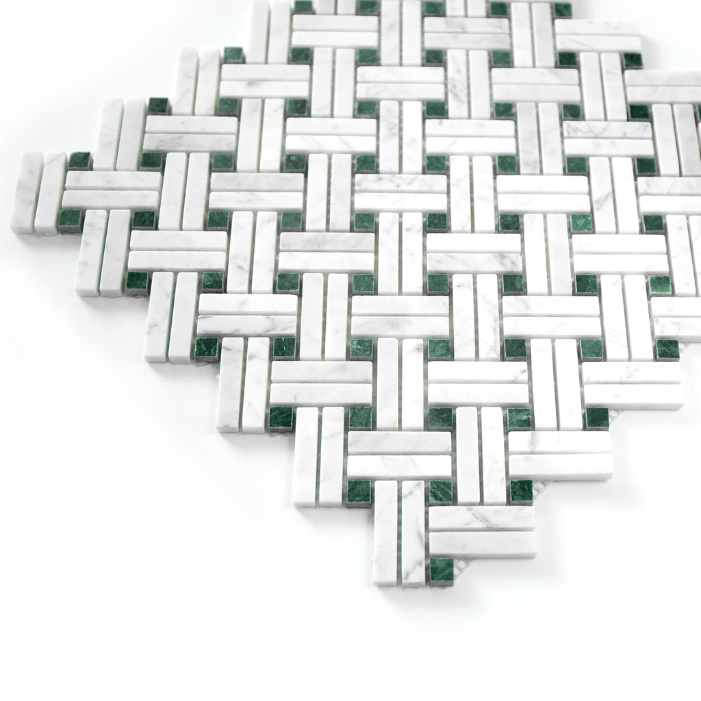 Basketweave pattern mosaic tile of carrara white and green marble on a white background