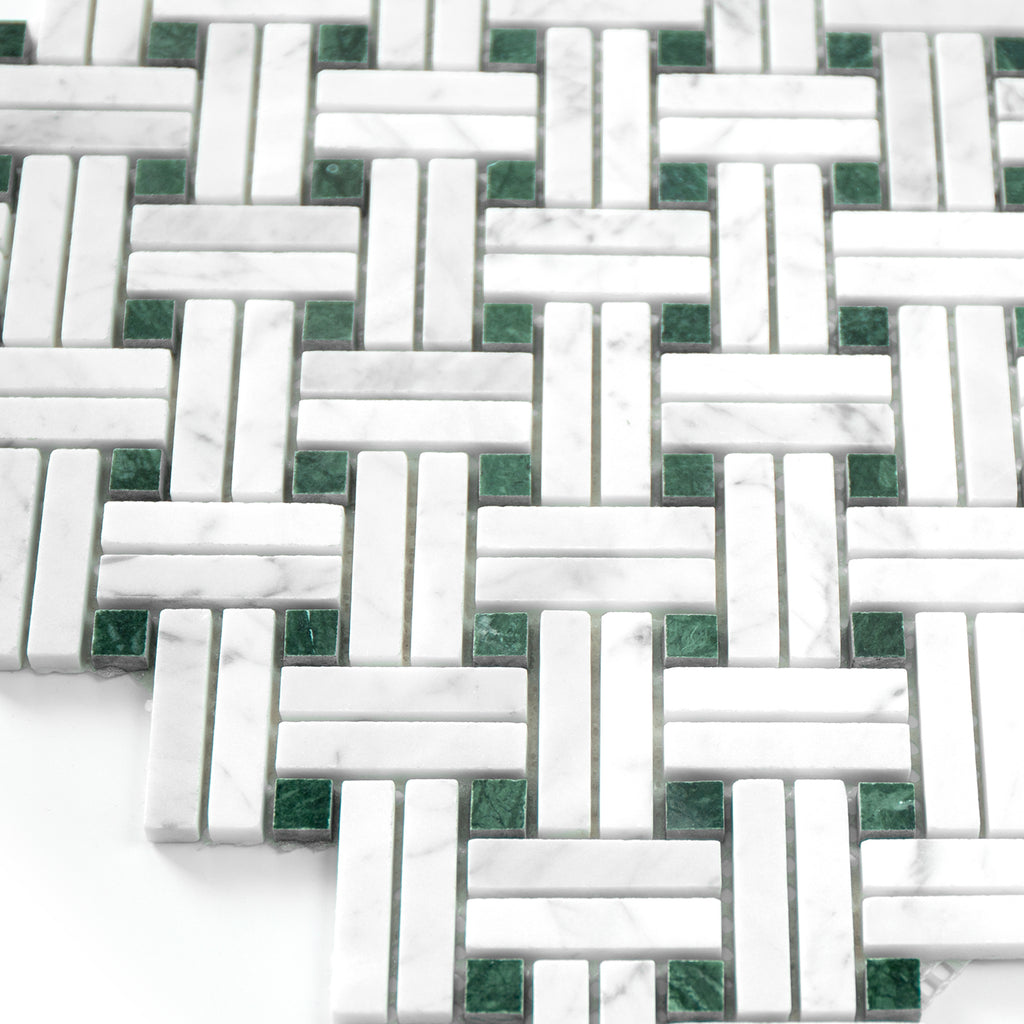 Basketweave pattern mosaic tile of carrara white and green marble on a white background