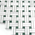 Basketweave pattern mosaic tile of carrara white and green marble on a white background