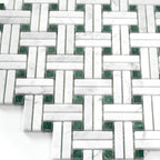 Basketweave pattern mosaic tile of carrara white and green marble on a white background