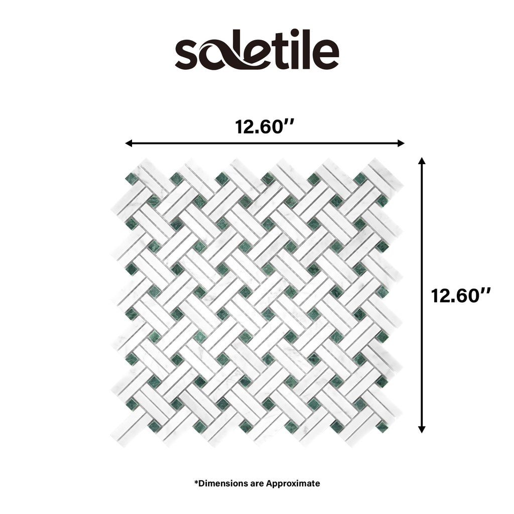 Mosaic tile sample with dimensions and Soletile branding on a white background