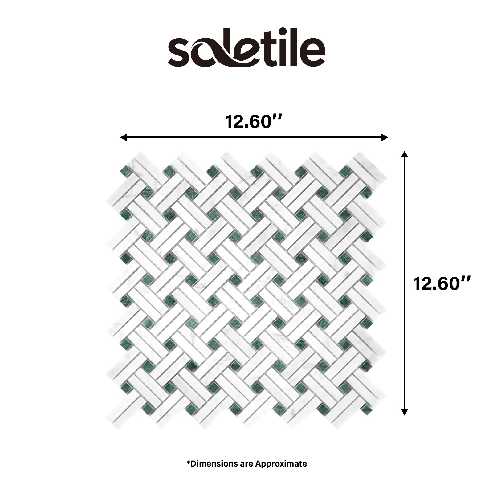 Mosaic tile sample with dimensions and Soletile branding on a white background
