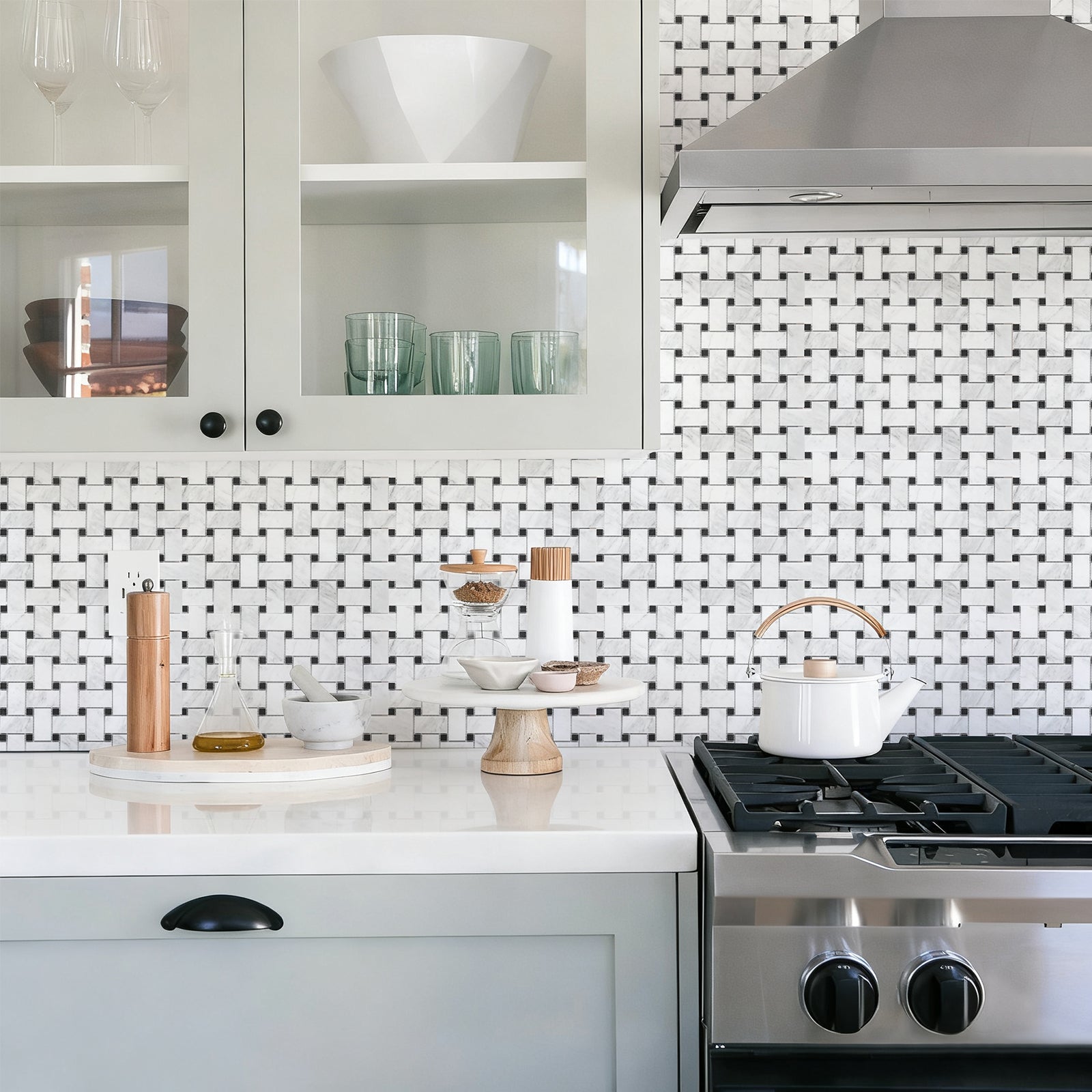 Basketweave Carrara White & Black Jade Marble Mosaic Tile