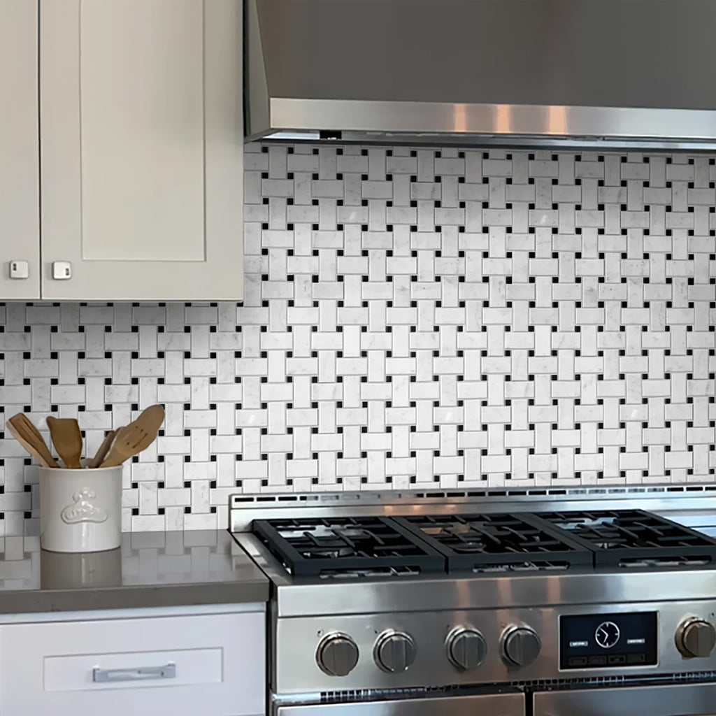 Modern kitchen with stainless steel stove and tiled backsplash