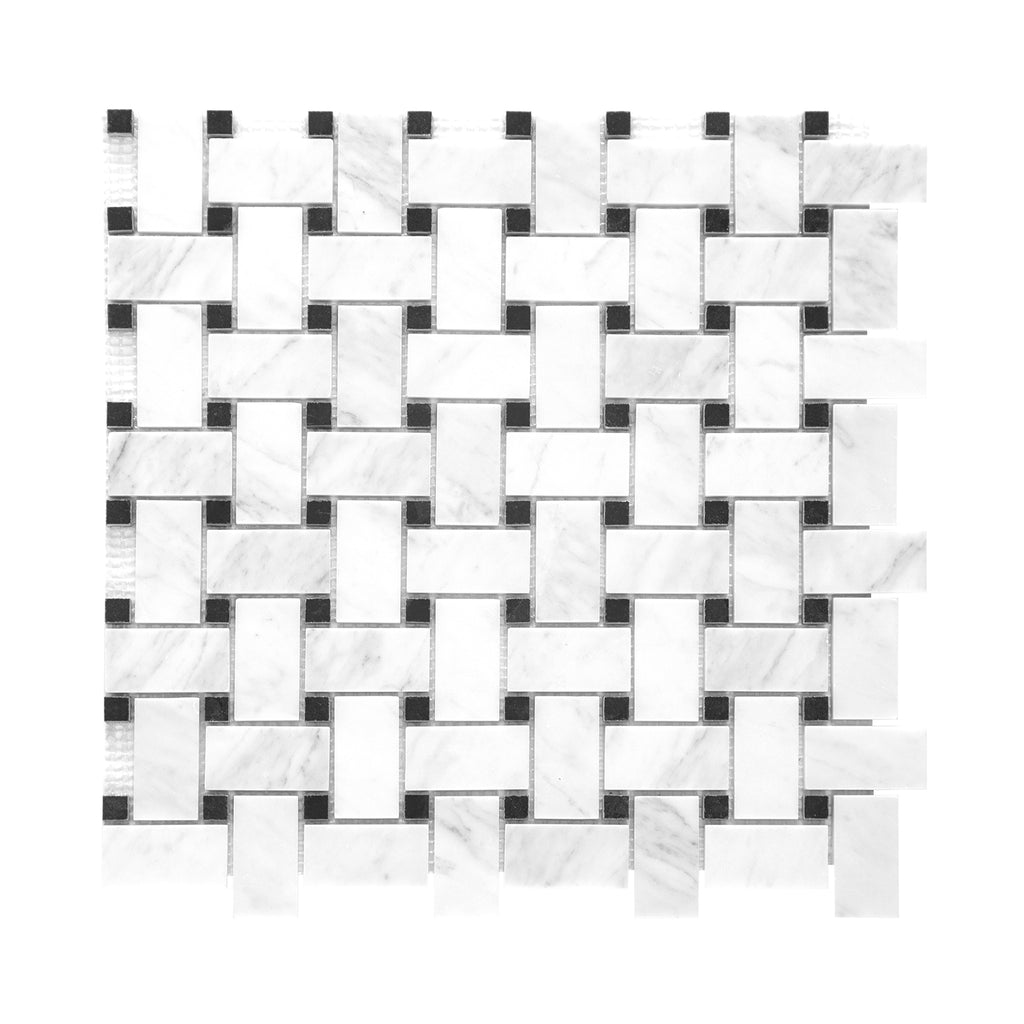 Mosaic basketweave pattern of white carrara and black marble tiles on a white background