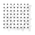 Mosaic basketweave pattern of white carrara and black marble tiles on a white background