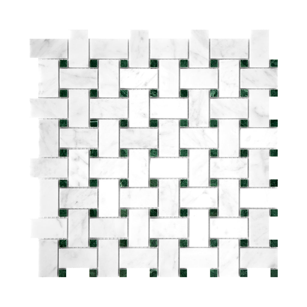 Basketweave pattern mosaic tile of carrara white and green marble on a white background