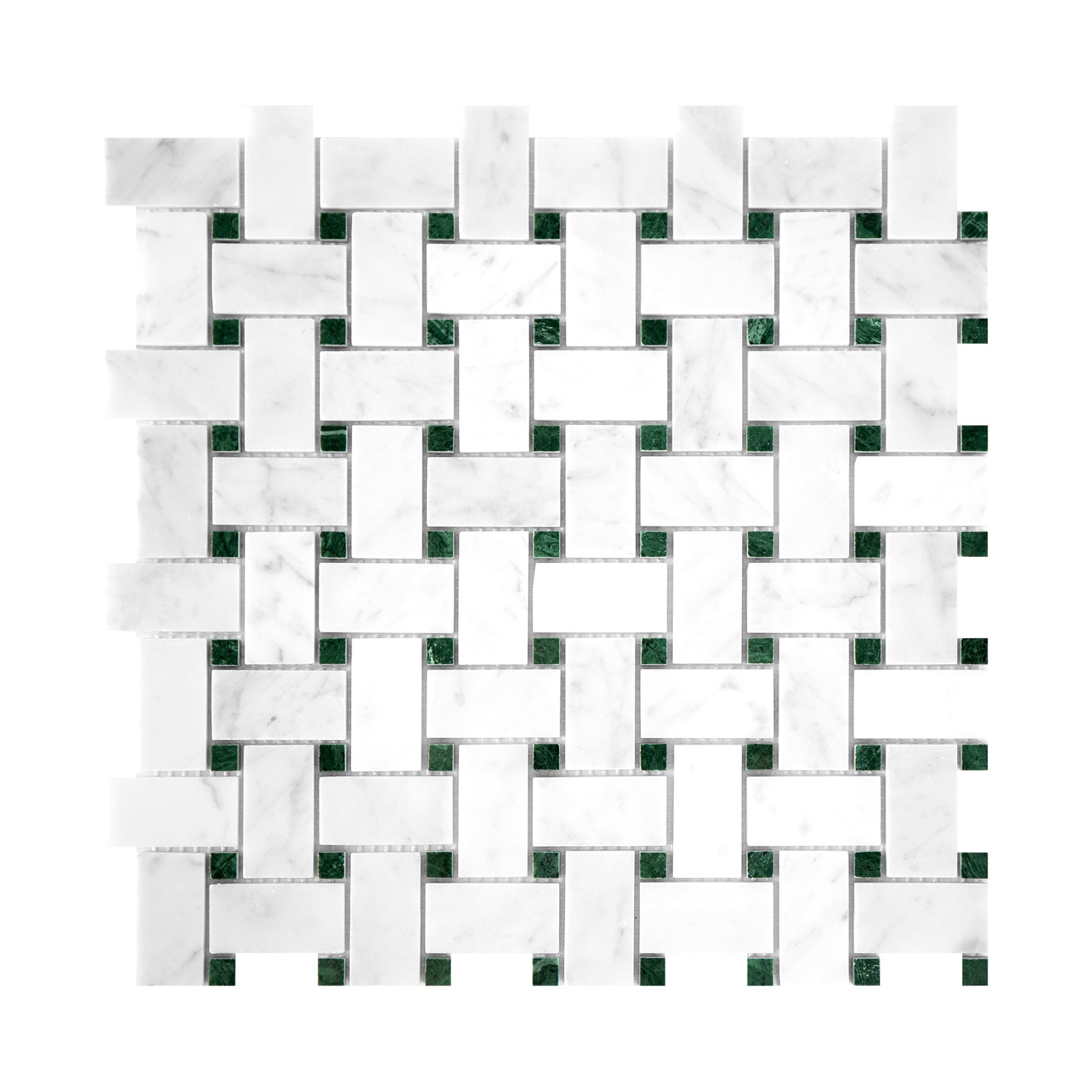 Basketweave pattern mosaic tile of carrara white and green marble on a white background