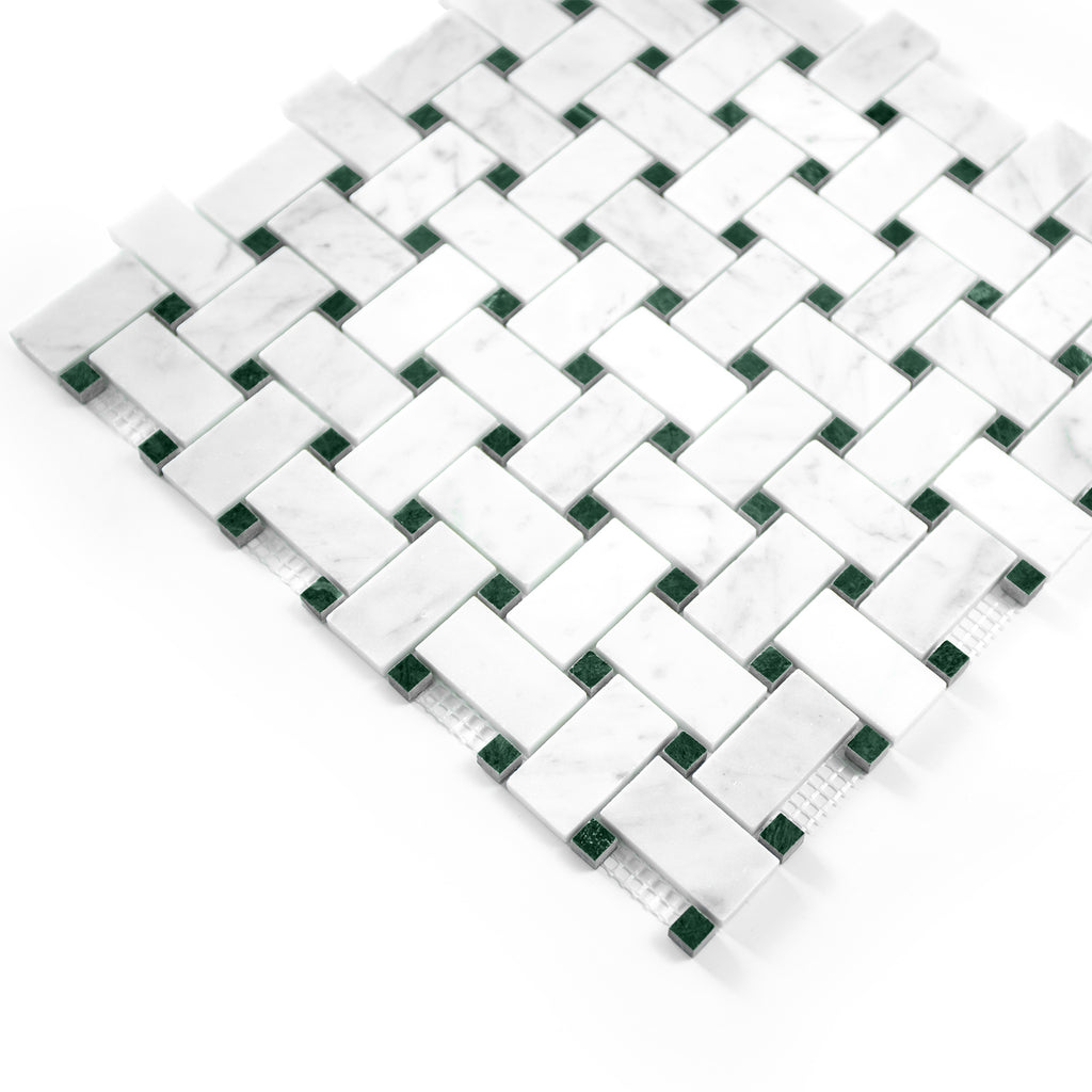 Basketweave pattern mosaic tile of carrara white and green marble on a white background