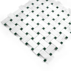Basketweave pattern mosaic tile of carrara white and green marble on a white background