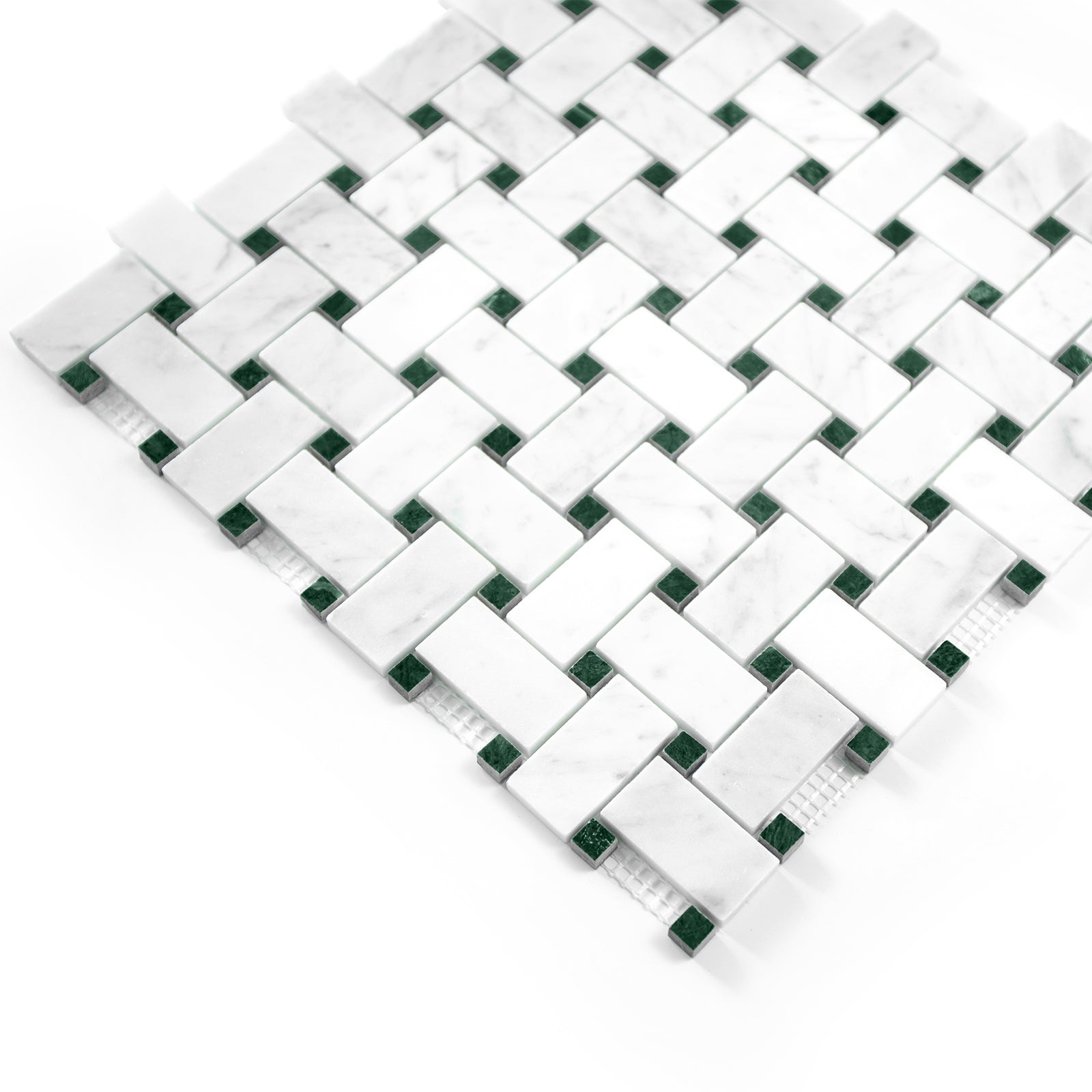 Basketweave pattern mosaic tile of carrara white and green marble on a white background