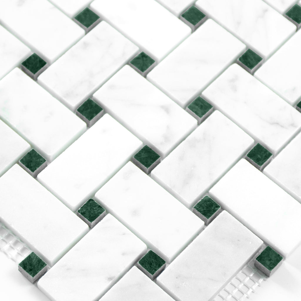 Basketweave pattern mosaic tile of carrara white and green marble on a white background