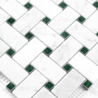 Basketweave pattern mosaic tile of carrara white and green marble on a white background