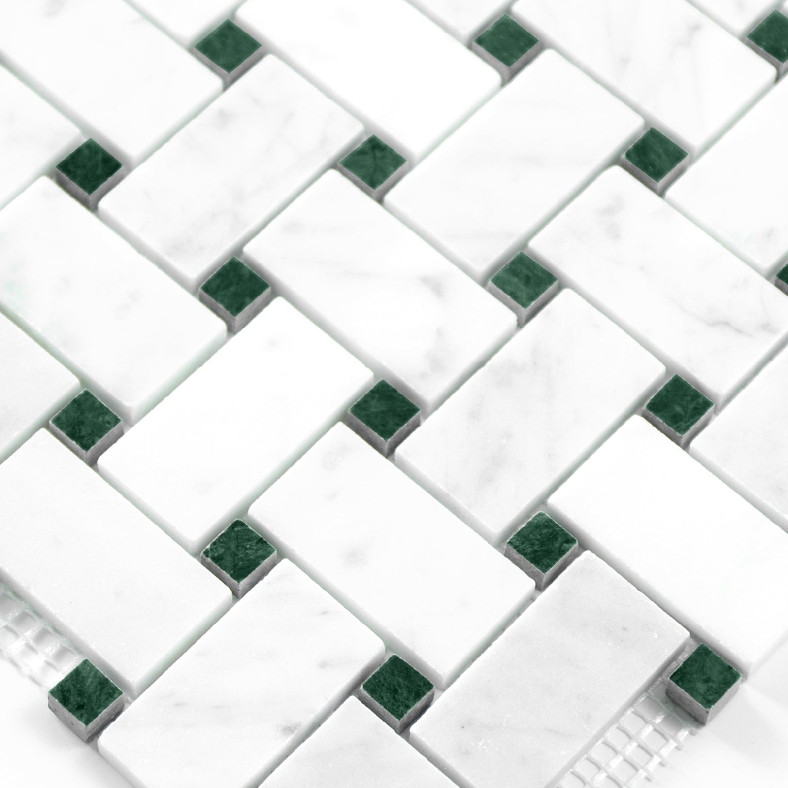 Basketweave pattern mosaic tile of carrara white and green marble on a white background