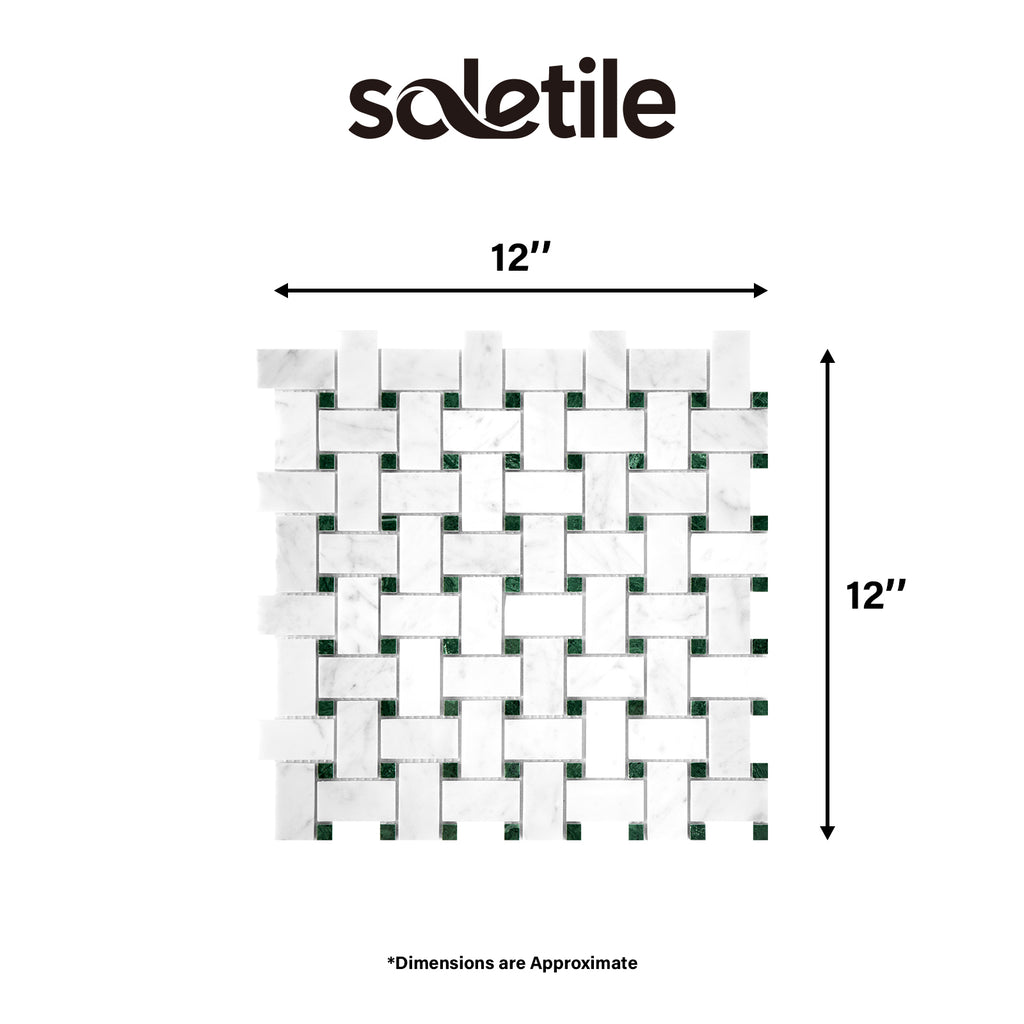 Mosaic tile pattern with dimensions labeled, featuring the brand 'soletile'.