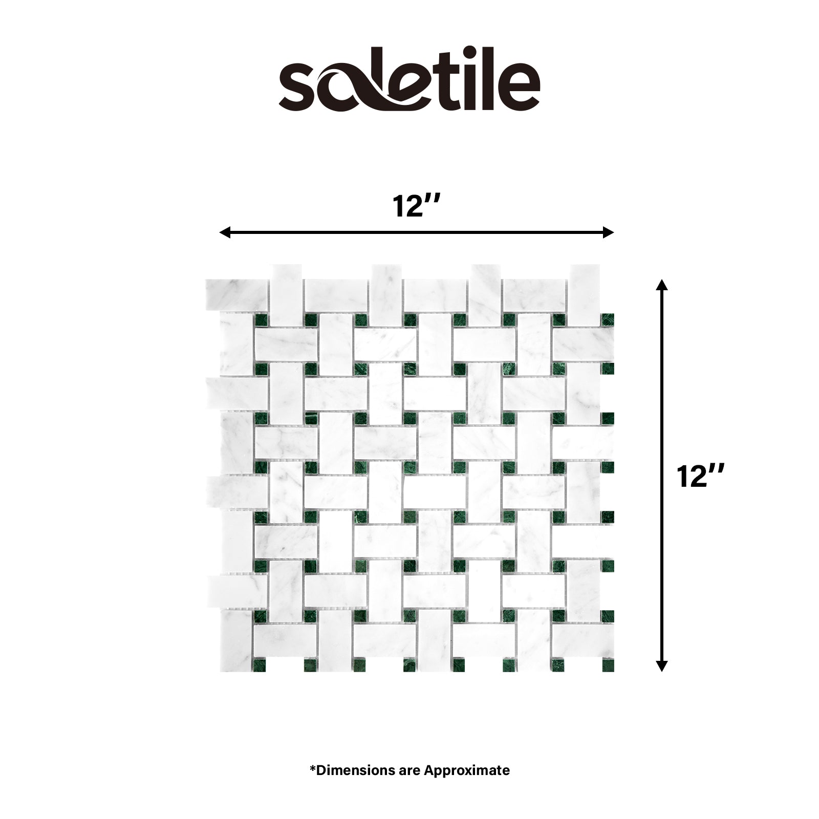 Mosaic tile pattern with dimensions labeled, featuring the brand 'soletile'.