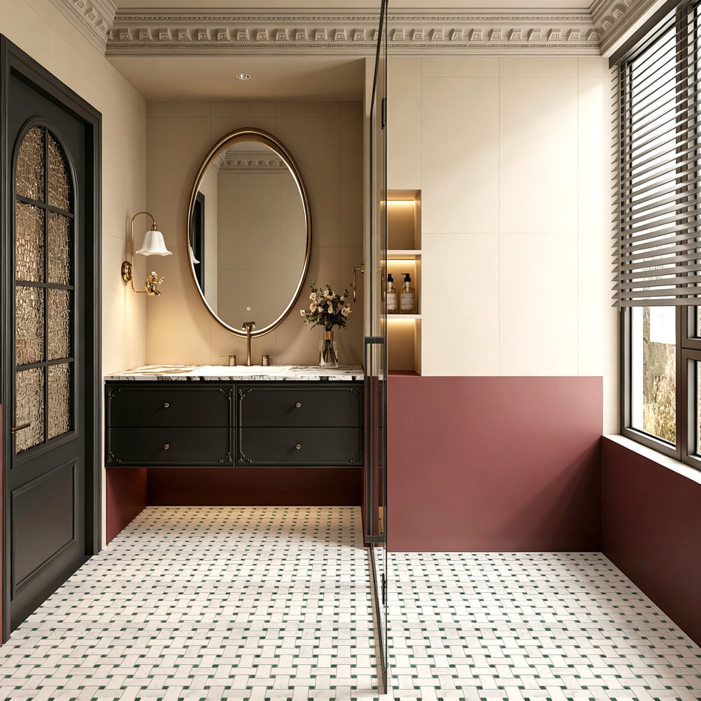 Luxurious bathroom with a black vanity, round mirror, and patterned floor.