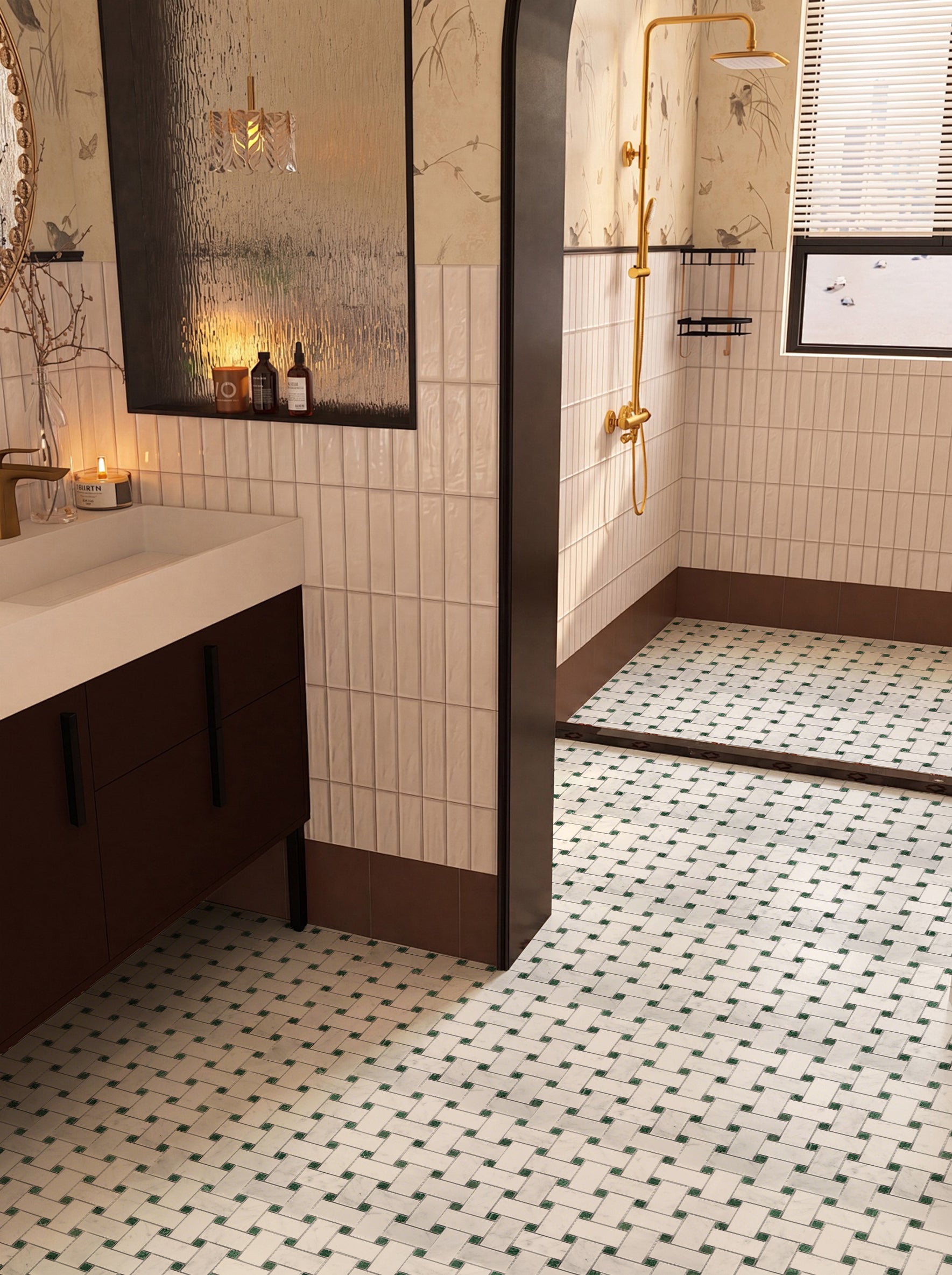 Basketweave 1"x2" Carrara White & Verde Marble Mosaic Tile