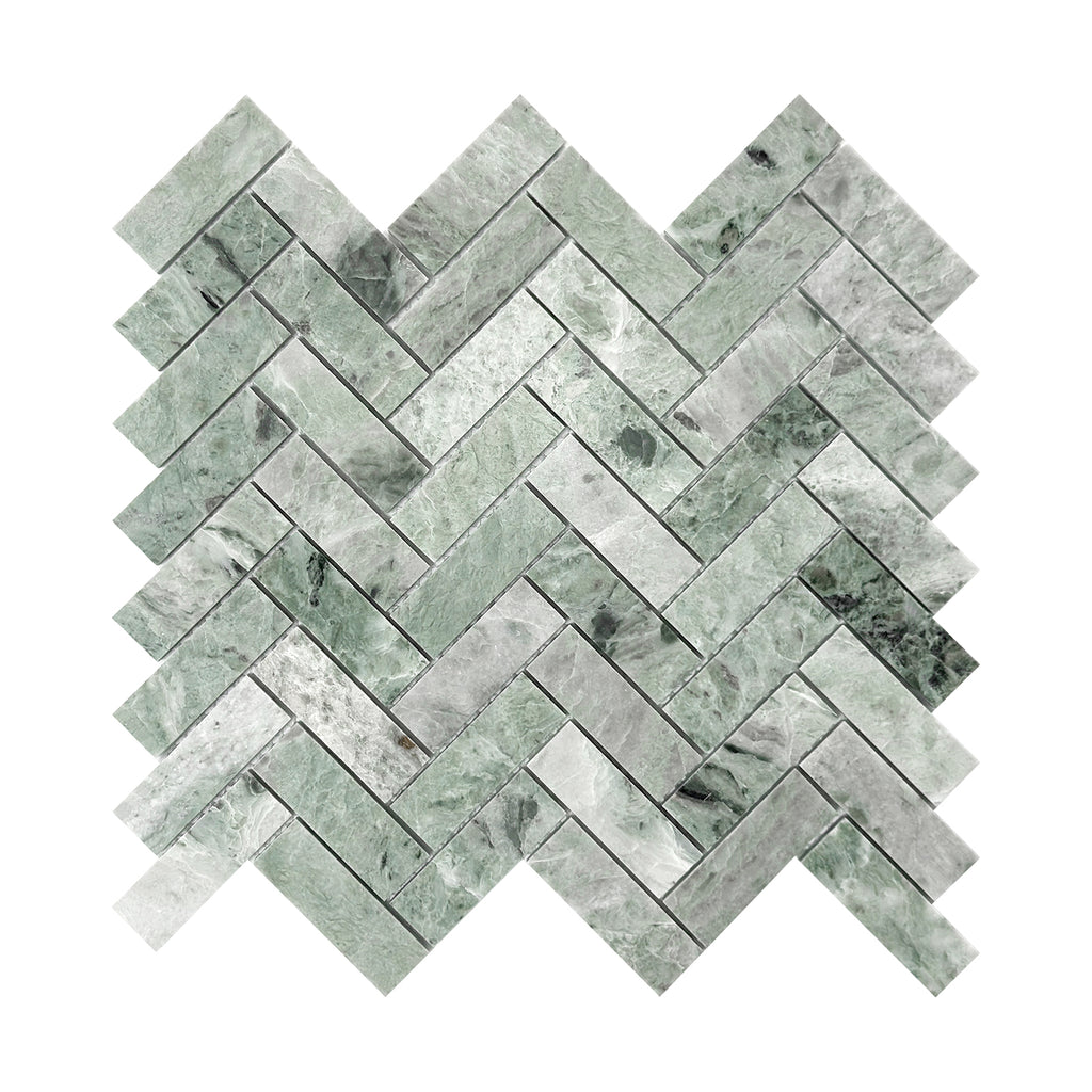 Green marble mosaic tile herringbone pattern on a white background